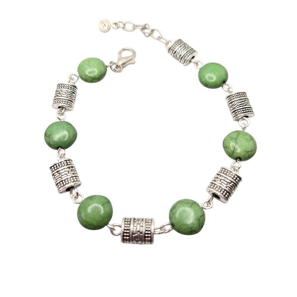 Handmade Boho Chic Bracelet Green Turquoise‎ & Silver Barrel Link  Art to Wear